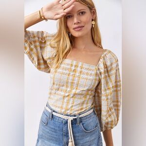 Anthropologie Maeve Plaid Square-neck Blouse sz M
